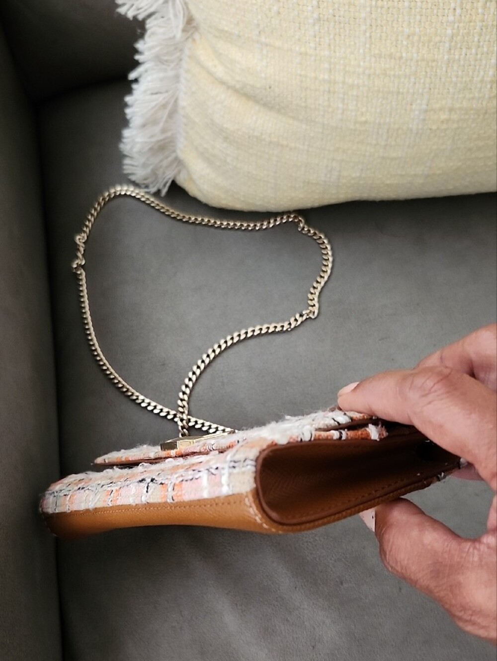 Furla Tweed Crossbody Bag in Pink, White & Brown with Chain Strap - Picture 7 of 11